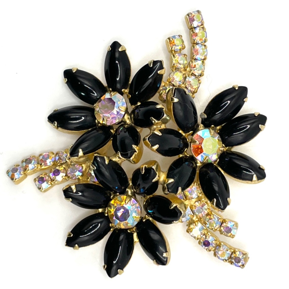 Vintage Black AB Rhinestone Triple Flower Pin Brooch